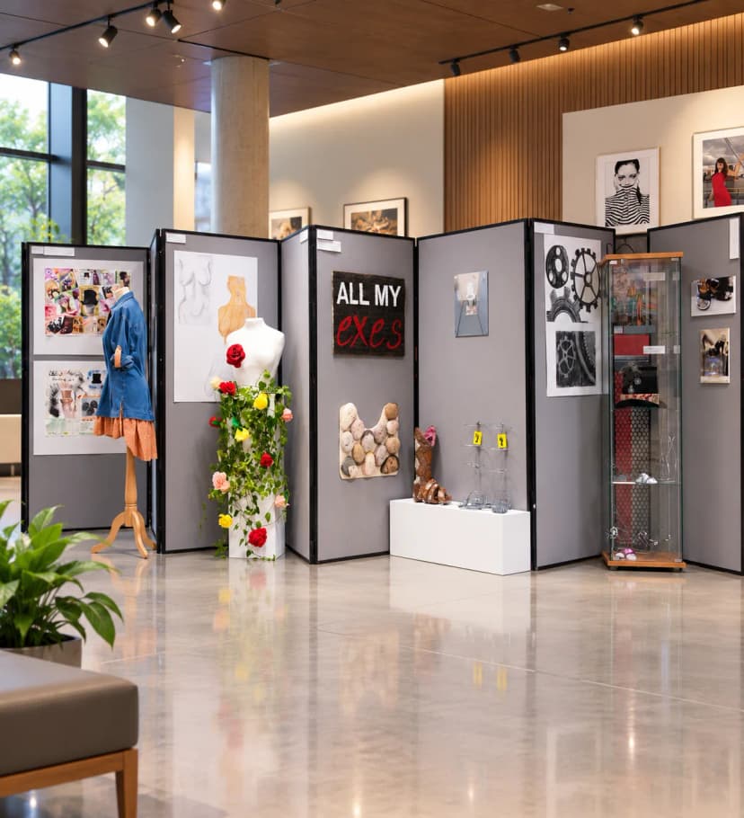 Grey 4 panel large folding display boards set up for an art and fashion exhibition, with artwork, mannequins and a display cabinet