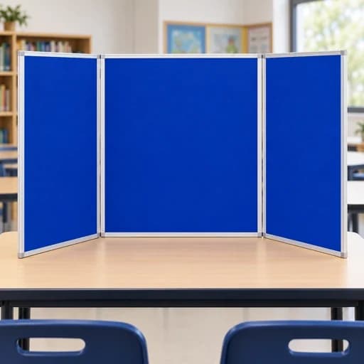 Papan Pameran Meja Biru – 3 Panel A2 Lipat, Tabletop Display
