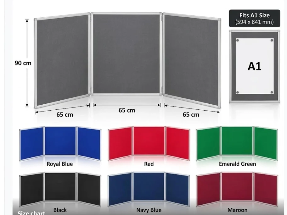 Large tabletop display board size chart: three 65 × 90 cm panels, each fits an A1 poster, available colours